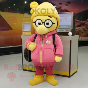 Yellow Pink mascot costume character dressed with a Parka and Handbags