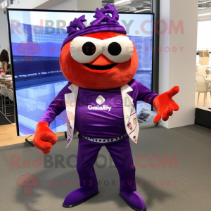 Purple Crab Cakes mascot costume character dressed with a Dress Pants and Headbands