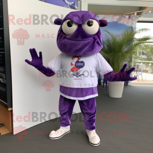 Purple Crab Cakes mascot costume character dressed with a Dress Pants and Headbands