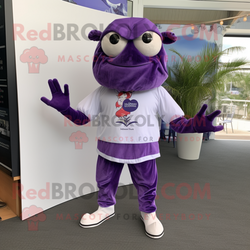 Purple Crab Cakes mascot costume character dressed with a Dress Pants and Headbands Purple Crab Cakes mascot costume character dressed with a Dress Pants and Headbands