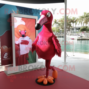 Maroon Flamingo mascot costume character dressed with a Rash Guard and Wraps
