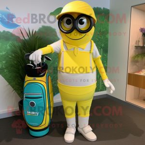 Yellow Golf Bag mascot costume character dressed with a Jumpsuit and Eyeglasses