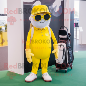 Yellow Golf Bag mascot costume character dressed with a Jumpsuit and Eyeglasses