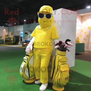 Yellow Golf Bag mascot costume character dressed with a Jumpsuit and Eyeglasses