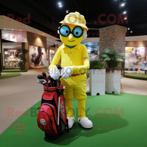 Yellow Golf Bag mascot costume character dressed with a Jumpsuit and Eyeglasses