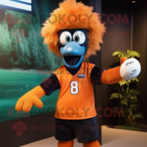 Orange Emu mascot costume character dressed with a Rugby Shirt and Caps