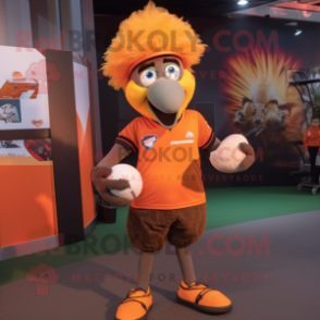Orange Emu mascot costume character dressed with a Rugby Shirt and Caps