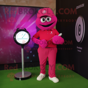 Magenta Golf Ball mascot costume character dressed with a Polo Tee and Digital watches
