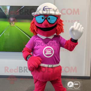 Magenta Golf Ball mascot costume character dressed with a Polo Tee and Digital watches