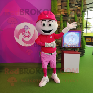 Magenta Golf Ball mascot costume character dressed with a Polo Tee and Digital watches