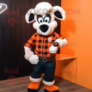 Orange Ram mascot costume character dressed with a Flannel Shirt and Smartwatches
