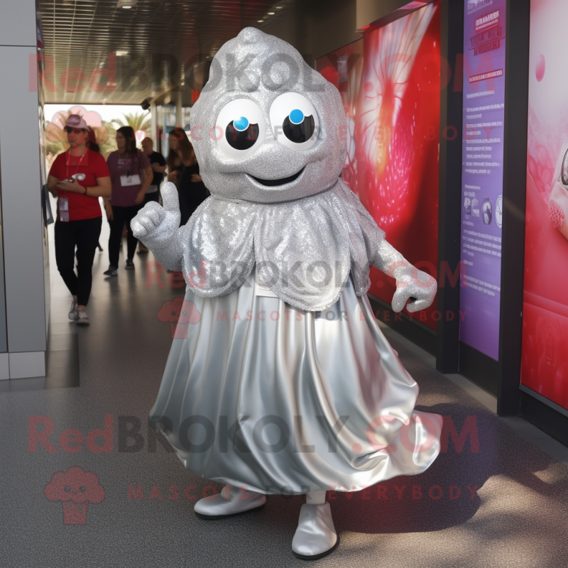 Silver Oyster mascot costume character dressed with a Evening Gown and Backpacks