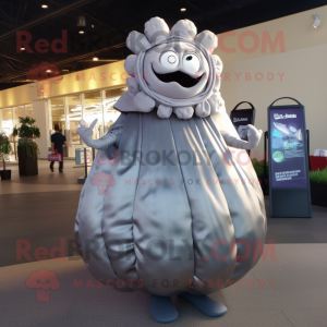 Silver Oyster mascot costume character dressed with a Evening Gown and Backpacks