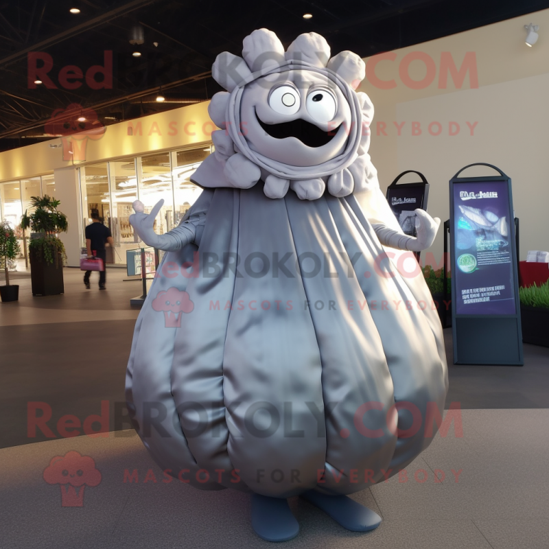 Silver Oyster mascot costume character dressed with a Evening Gown and Backpacks Silver Oyster mascot costume character dressed with a Evening Gown and Backpacks