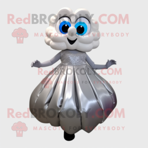 Silver Oyster mascot costume character dressed with a Evening Gown and Backpacks