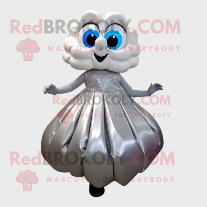 Silver Oyster mascot costume character dressed with a Evening Gown and Backpacks Silver Oyster mascot costume character dressed with a Evening Gown and Backpacks