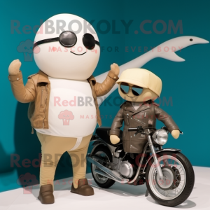 Beige Narwhal mascot costume character dressed with a Biker Jacket and Berets