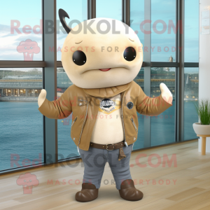 Beige Narwhal mascot costume character dressed with a Biker Jacket and Berets
