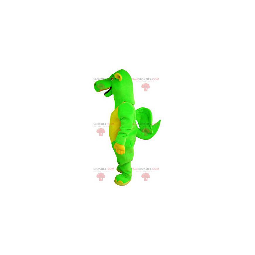 Mascota dragón verde y amarillo con alas pequeñas -