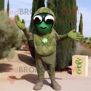 Olive Graveyard mascot costume character dressed with a Bodysuit and Sunglasses