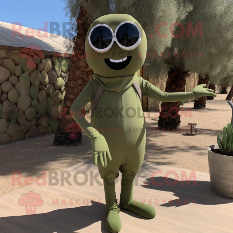 Olive Graveyard mascot costume character dressed with a Bodysuit and Sunglasses