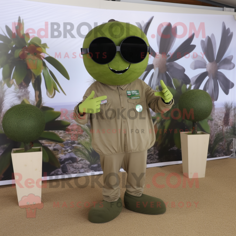 Olive Graveyard mascot costume character dressed with a Bodysuit and Sunglasses