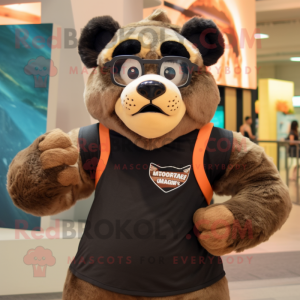 Tan Spectacled Bear mascot costume character dressed with a Tank Top and Eyeglasses