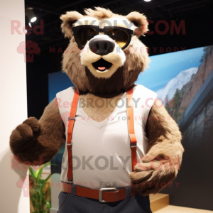 Tan Spectacled Bear mascot costume character dressed with a Tank Top and Eyeglasses