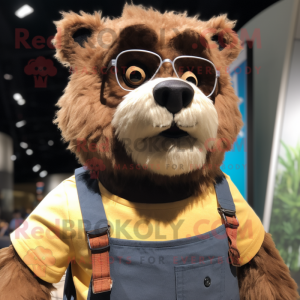 Tan Spectacled Bear mascot costume character dressed with a Tank Top and Eyeglasses