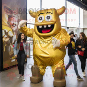 Gold Steak mascot costume character dressed with a Mom Jeans and Bracelets