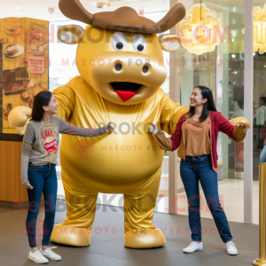 Gold Steak mascot costume character dressed with a Mom Jeans and Bracelets