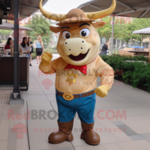 Gold Steak mascot costume character dressed with a Mom Jeans and Bracelets