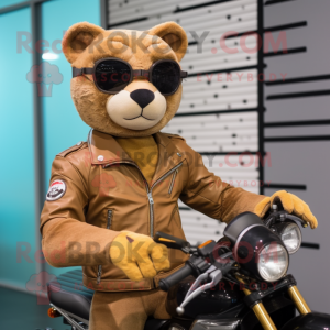 Cream Jaguarundi mascot costume character dressed with a Biker Jacket and Smartwatches