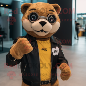 Cream Jaguarundi mascot costume character dressed with a Biker Jacket and Smartwatches