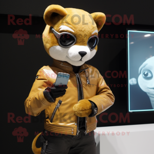 Cream Jaguarundi mascot costume character dressed with a Biker Jacket and Smartwatches