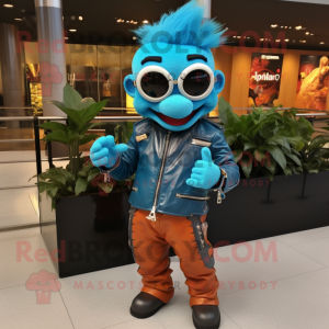 Cyan Tikka Masala mascot costume character dressed with a Leather Jacket and Keychains