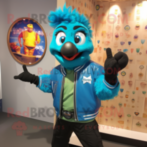 Cyan Tikka Masala mascot costume character dressed with a Leather Jacket and Keychains