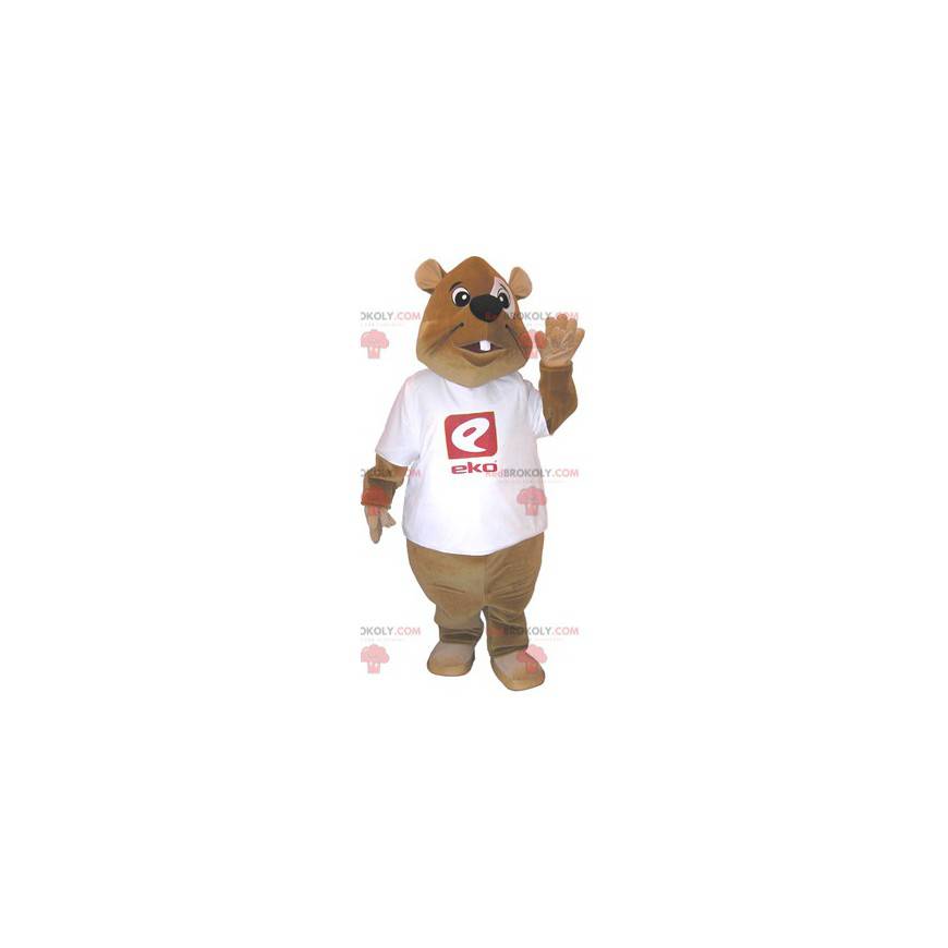 Braunes Bibermaskottchen mit einem weißen T-Shirt -