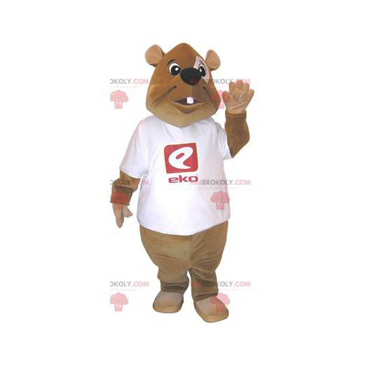 Brun bevermaskot med hvit t-skjorte - Redbrokoly.com