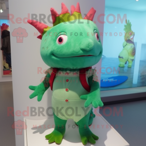 Green Axolotls mascot costume character dressed with a Culottes and Brooches