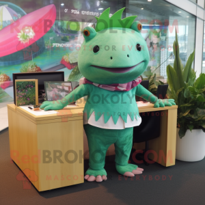 Green Axolotls mascot costume character dressed with a Culottes and Brooches