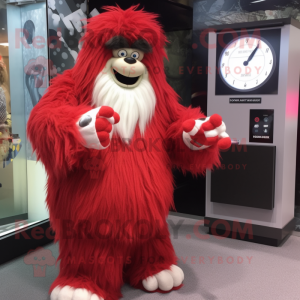 Red Yeti mascot costume character dressed with a Maxi Dress and Bracelet watches