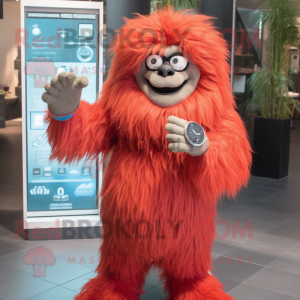 Red Yeti mascot costume character dressed with a Maxi Dress and Bracelet watches