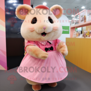 Pink Hamster mascot costume character dressed with a Skirt and Cufflinks