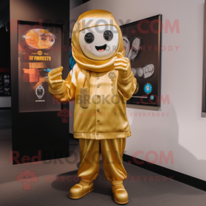 Gold Ghost mascot costume character dressed with a Chinos and Digital watches