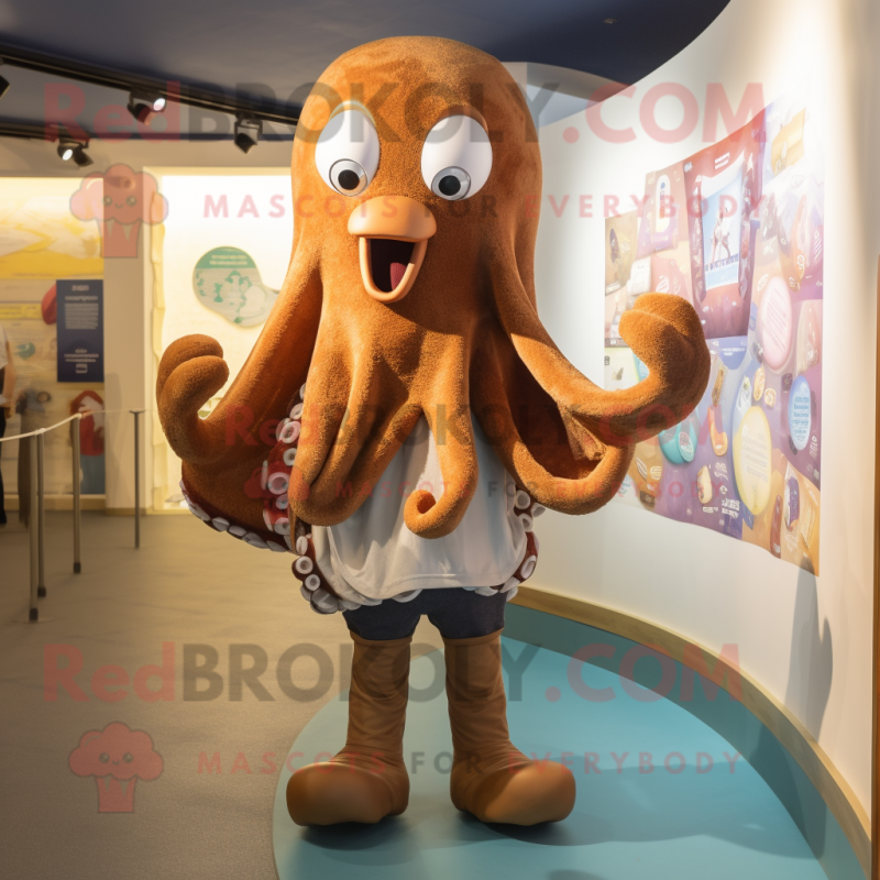 Brown Octopus mascot costume character dressed with a Shorts and Scarves