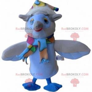 Mascota búho beige y blanco con bufanda y sombrero -