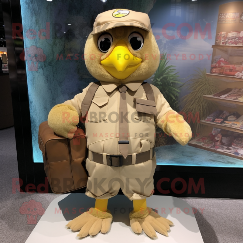 Beige Canary mascot costume character dressed with a Cargo Pants and Coin purses Beige Canary mascot costume character dressed with a Cargo Pants and Coin purses