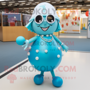 Cyan Petanque Ball mascot costume character dressed with a Mini Dress and Necklaces