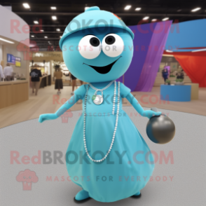 Cyan Petanque Ball mascot costume character dressed with a Mini Dress and Necklaces